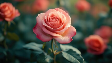 Close-up shot of a pink rose in a lush green field, perfect for nature or botanical use