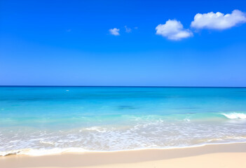 Tropical paradise, pristine white sandy beach, crystal clear turquoise ocean, gentle waves, clear blue sky, fluffy white clouds, sunny day, tranquil seascape, serene coastline, idyllic vacation spot, 