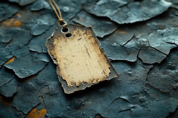 A single tag hangs from a crack in a worn-out surface, possibly indicating a forgotten or abandoned place - obrazy, fototapety, plakaty