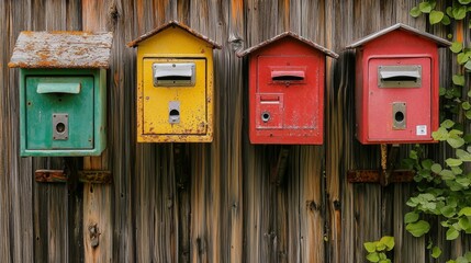 A row of colorful, vintage mailboxes attached to a wooden wall, surrounded by greenery.