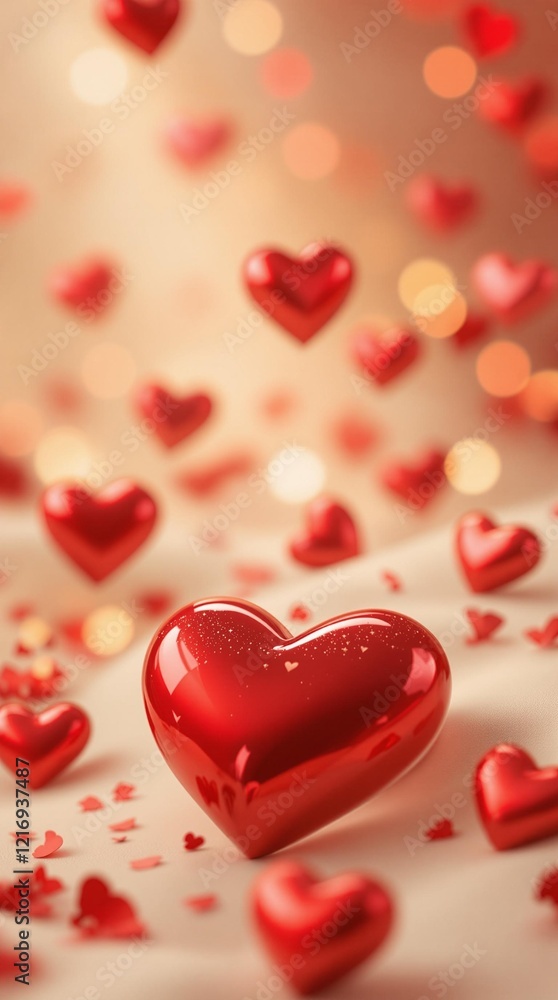 Poster A delightful collection of red heart shapes scattered across a light background, creating a festive and romantic atmosphere perfect for Valentine's Day. The hearts vary in size and are positioned at d