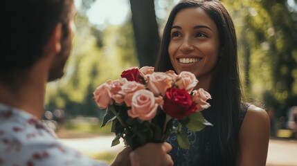 Receiving Roses: A Romantic Surprise in a Park, Delightful Daytime Date,  Joyful Expression of Affection.