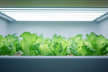 A minimalist raised garden bed with rows of young lettuce plants. picture