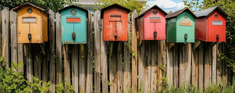 A row of colorful mailboxes attached to a wooden fence, surrounded by greenery, creating a charming and inviting scene.