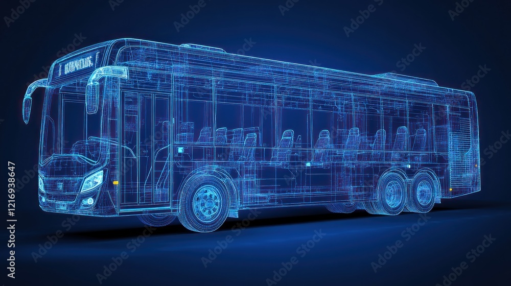 Fototapete a transparent 3d model of a bus showcasing its interior structure and design.