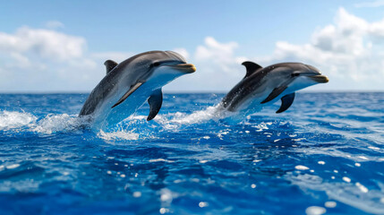Fototapeta premium Dolphins jumping gracefully in clear blue ocean waters under bright sky