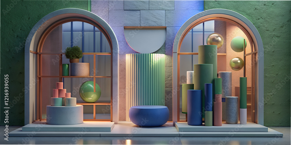 Poster shop window display showcases an abstract arrangement of geometric shapes with vibrant colors and im