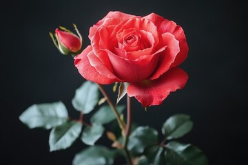 Fototapeta premium A single red rose with green leaves on a dark background, perfect for romantic or elegant designs