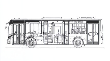 A technical illustration of a bus, showcasing its internal layout and components.