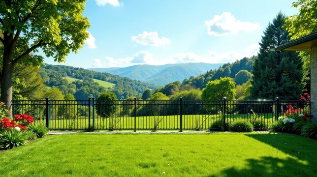 Serene landscape view from a lush green lawn, framed by a dark metal fence, overlooking a picturesque valley and distant rolling hills under a bright, sunny sky.