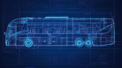 A blueprint-style illustration of a bus, showcasing its design and internal layout.