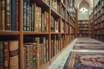 Islamic or Ramadan themed background photo, the Quran is displayed on the bookshelf in the mosque.