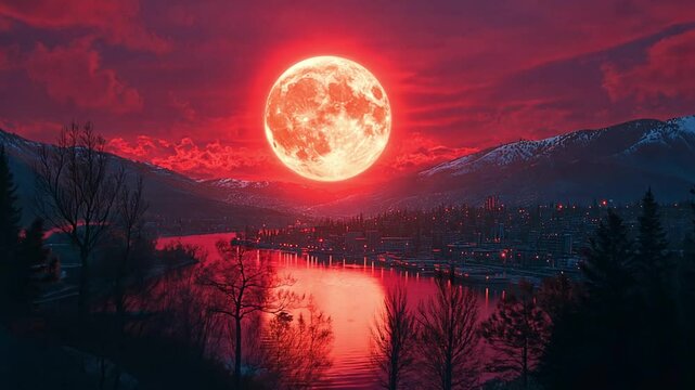 A dramatic landscape featuring a large red moon over a serene river and mountains footage