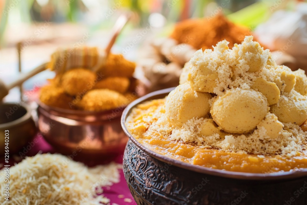 Poster a warm and inviting meal setting with multiple bowls of food on a table