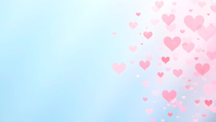 Dreamy pastel background with floating pink hearts on a soft blue gradient, perfect for Valentine's Day cards, romantic invitations, and love-themed designs. Selective focus