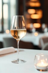Naklejka premium A refined table setting featuring a glass of white wine, elegantly arranged in a softly lit restaurant ambiance with warm candlelight.