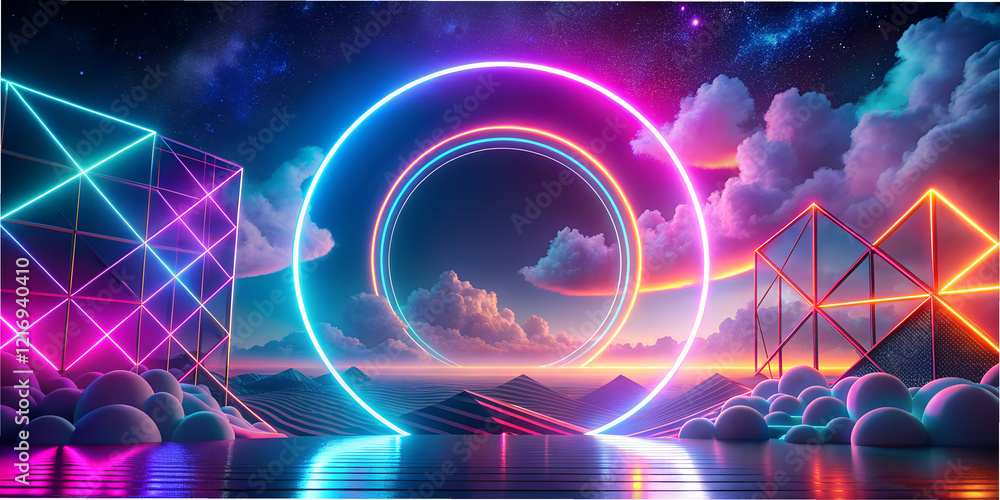Poster neon geometric shapes illuminate a surreal sky filled with vibrant colors and dynamic patterns at tw