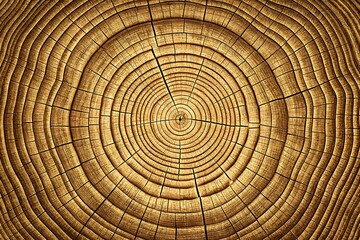Naklejka premium The macro texture of the cut wooden log reveals the tree's age through its concentric annual rings