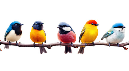 5 cute birds sitting on a single branch, transparent background PNG