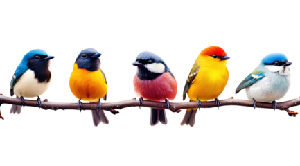 5 cute birds sitting on a single branch, transparent background PNG