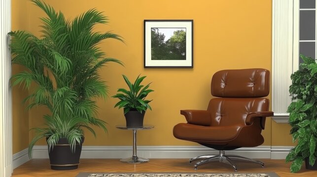 Brown leather executive chair in a mustard-yellow room with plants and framed art