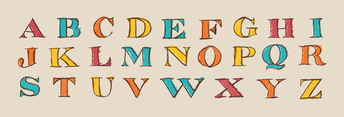 Pop Art Uppercase Serif Font Alphabet Crayon Chalk Style Drawing