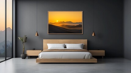 Desert modernist architecture, oak-framed print hanging, panoramic view of sand dunes, golden hour photography, serene luxury interior 