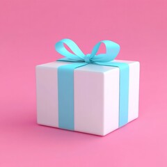 Obraz premium White gift box with blue ribbon on pink background