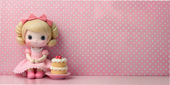 Cute doll sitting next to a dessert on pastel textile wallpaper with playful patterns in a cheerful setting generated  AI   