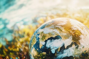 A detailed view of a globe surrounded by green grass, great for illustrating global issues or environmental topics