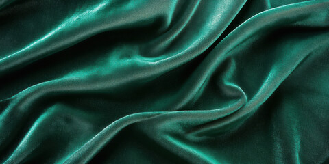 Fototapeta premium Rich emerald green fabric with a soft, shimmering texture, gracefully draped into flowing folds that highlight its lustrous and luxurious appearance