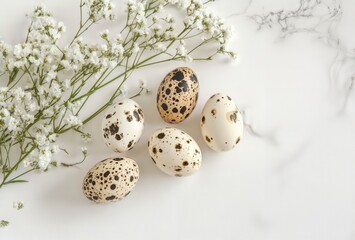 Easter eggs and flowers. Five quail eggs and delicate white gypsophila flowers on a marble background, creating a simple, elegant Easter scene.