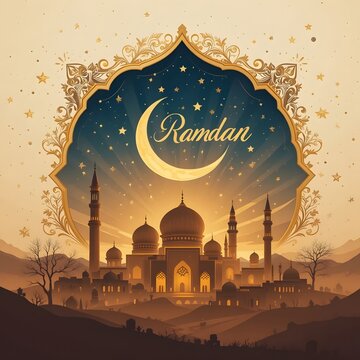 4k high quality Ai generative eid mubarak greeting card of eid-al fitr at sunset