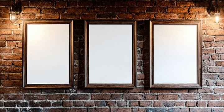 Two empty picture frames hanging on a brick wall, ideal for use as a background or placeholder