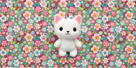 Obraz premium Cute little cat plush surrounded by vibrant floral textile wallpaper in a cheerful setting