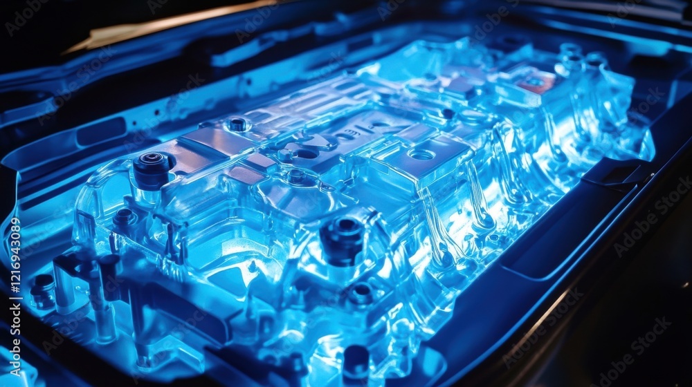 Aufkleber intricate close-up of a transparent automotive engine component illuminated with blue light reflecti