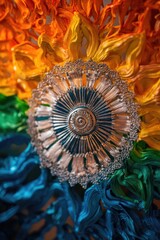 A vibrant flower with various colored petals on a macro shot, ideal for use in floral designs, gift wrapping, or as a symbol