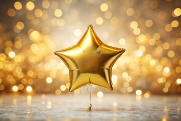 Golden Star Helium Balloon, Birthday Party Decoration, Bokeh, Isolated White Background, PNG