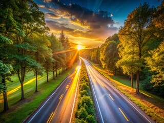 Fototapeta premium Golden Sunset Long Exposure, Paved Road, Lush Green Trees - Stock Photo