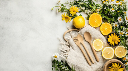 Bright spring arrangement with lemons and flowers.