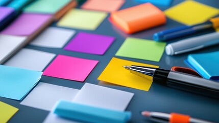 Naklejka premium Colorful chaos: abstract composition of scattered post-it notes, white papers, lists, pens and markers