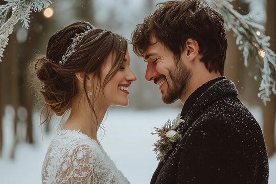 a man and woman standing next to each other in the snow near a tree with snow on it and a snow covered ground