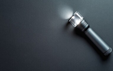 Fototapeta premium Calm gray-colored flashlight with a black and white background, top view, flat lay, close-up, copy space concept, stock photo. 2/3 space for text. 