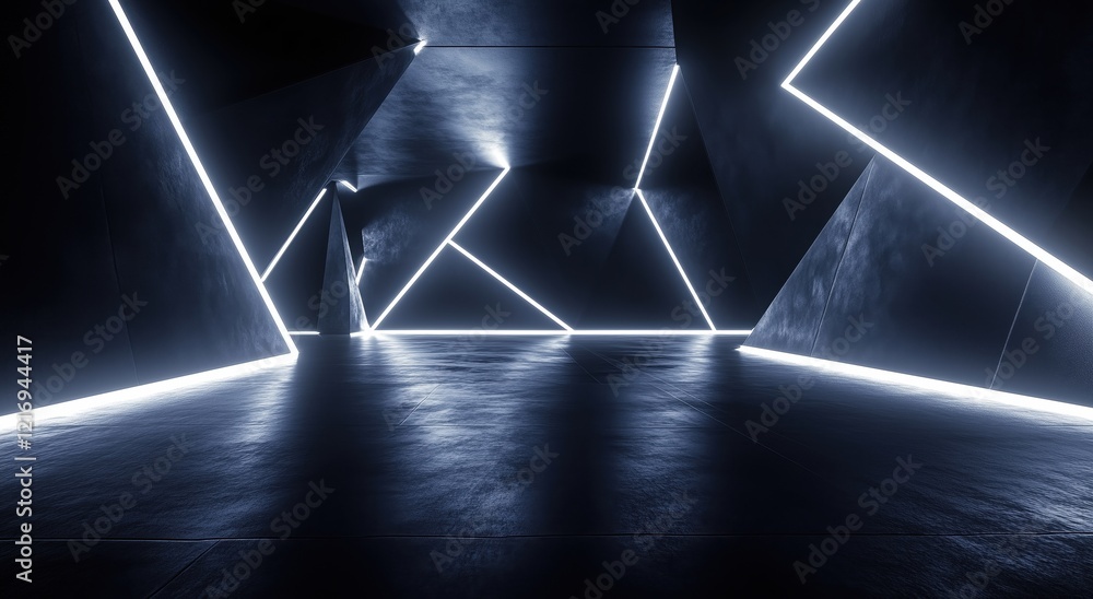 Poster abstract black background with glowing neon geometric shapes and intersecting lines