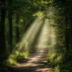 Fototapeta premium Secluded forest pathway with sunlight filtering through trees