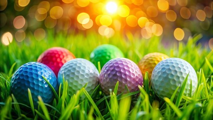Obraz premium Golf Balls on Lush Green Grass with Bokeh Background - Stock Photo