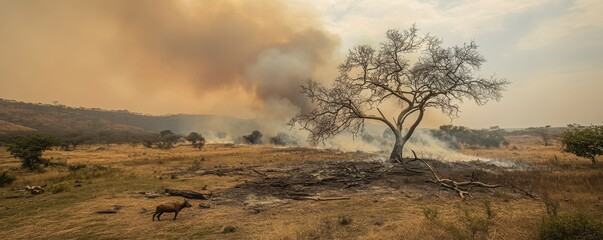 Obraz premium drought disaster mitigation concept. A lone tree stands in a dry, smoky landscape affected by wildfires.