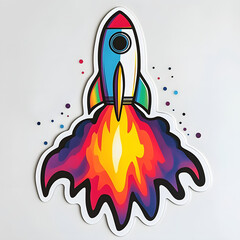 Colorful Rocket Launch with Dynamic Rainbow Flames Sticker Design