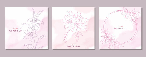 Womens Day Poster. Set of Floral Posters for 8th March. Flower design Womens Day Greeting Cards. Women Day background Templates with Floral Line Art.