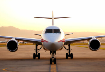 Naklejka premium Commercial airliner on tarmac, sunset sky, golden hour, front view of aircraft, vibrant orange horizon, silhouetted mountains, dramatic lighting, high contrast, wide-angle shot, airport runway, aviati
